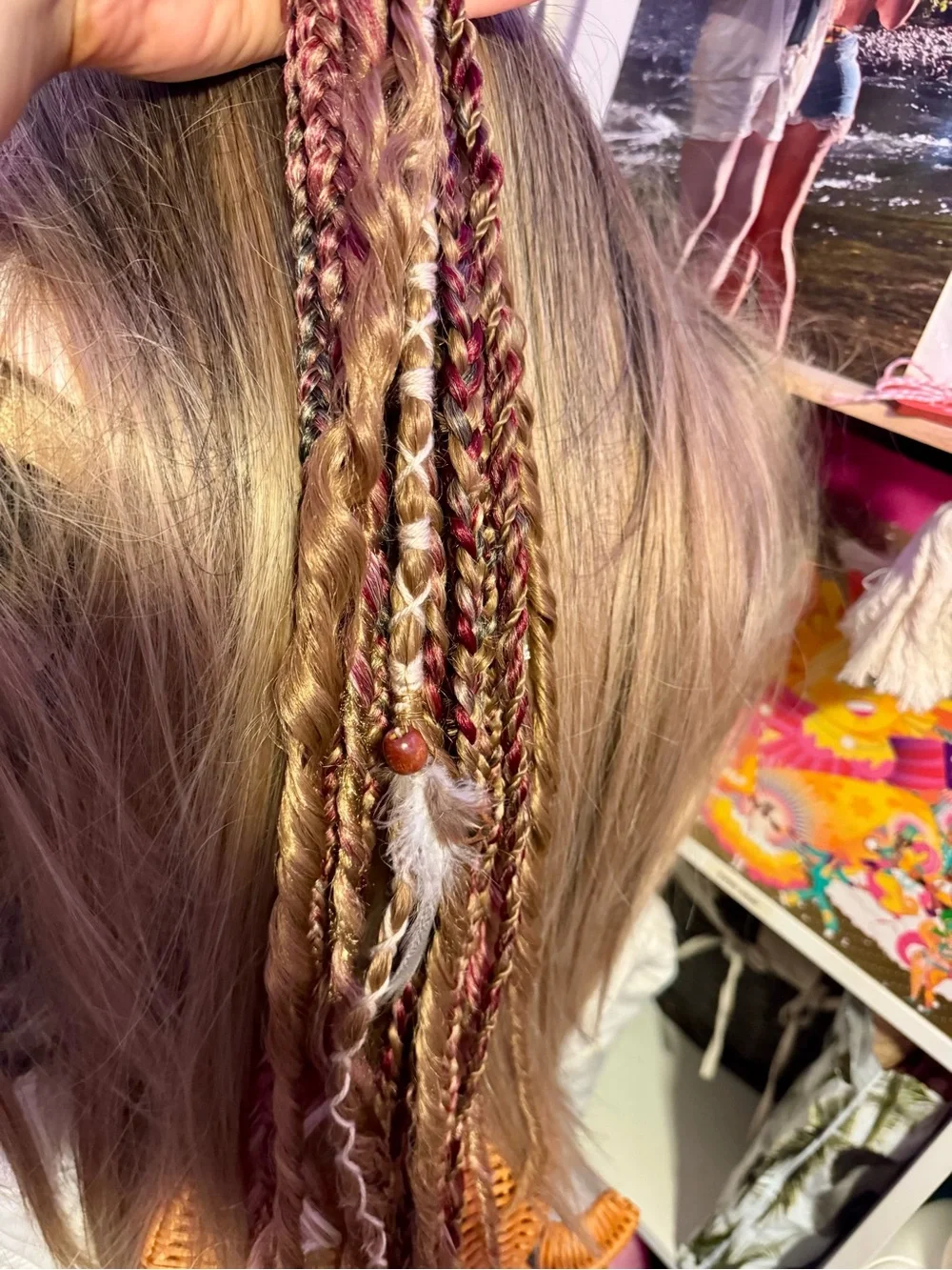 Hand-Braided Hair Extensions with Feathers and Beads - Brown & Burgundy